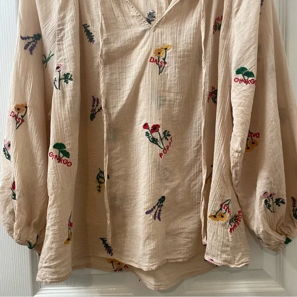 SALE! Madewell Botanical Embroidered Gauzy Cotton Tie-Neck Peasant Top Small - Picture 5 of 11
